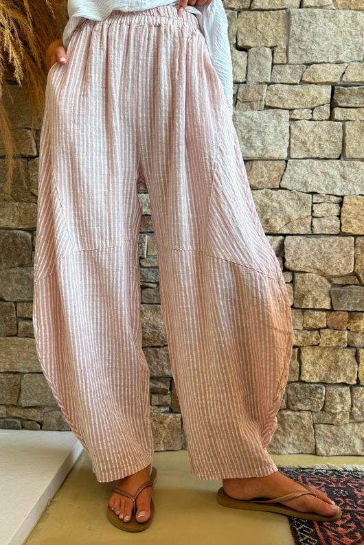 Sundaze Cheesecloth Chalk Stripe Classic Barrel Pant Rose